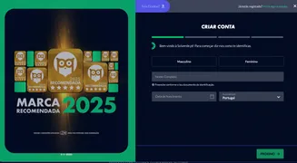 Tela de registro da conta com formulário de preenchimento e destaque do prêmio “Marca Recomendada 2025” à esquerda.
